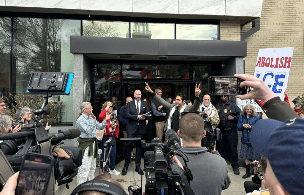 Mohsen Mahdawi addressing the press and supporters outside a Vermont courthouse following his release, on April 30, 2025. (Photo posted to social media by Liz Crampton/Politico)